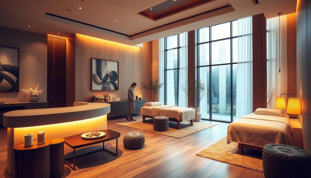 A serene and luxurious interior of a regional massage salon, bathed in warm, soft lighting. The reception area features elegant, minimalist furniture and decor, creating a calming atmosphere. The massage rooms are spacious and private, with plush massage beds and soothing aromatherapy diffusers. Soft, natural textures like wood and stone elements lend a sense of organic tranquility. Large windows allow natural light to flood the space, while discreet accent lighting sets the mood. An overall atmosphere of relaxation, professionalism, and personalized care.