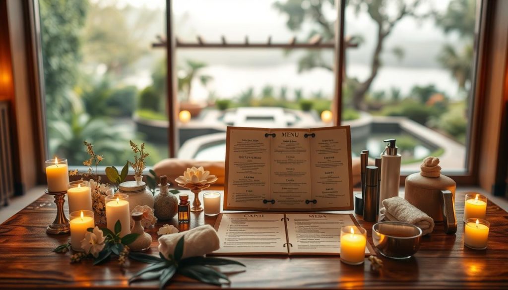 A serene and luxurious spa setting with an elegant arrangement of spa menu options displayed on a beautifully crafted wooden table. Warm lighting casts a soft glow, creating a calming ambiance. In the foreground, an assortment of calming botanicals, aromatic candles, and exquisite spa accessories. The middle ground features the carefully curated spa menu, showcasing a variety of rejuvenating treatments and services. The background features a serene, natural landscape, such as a tranquil garden or a soothing water feature, further enhancing the relaxing atmosphere. The overall composition conveys a sense of tranquility, indulgence, and an invitation to a truly exceptional spa experience. A serene and luxurious spa setting with an elegant arrangement of spa menu options displayed on a beautifully crafted wooden table. Warm lighting casts a soft glow, creating a calming ambiance. In the foreground, an assortment of calming botanicals, aromatic candles, and exquisite spa accessories. The middle ground features the carefully curated spa menu, showcasing a variety of rejuvenating treatments and services. The background features a serene, natural landscape, such as a tranquil garden or a soothing water feature, further enhancing the relaxing atmosphere. The overall composition conveys a sense of tranquility, indulgence, and an invitation to a truly exceptional spa experience.