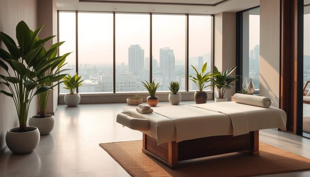 A serene and modern spa setting, with soft lighting and clean lines. An elegant massage table stands in the foreground, surrounded by a minimalist decor of natural materials like stone and wood. Lush potted plants add a touch of greenery, while a large window in the background offers a view of a tranquil urban landscape. The atmosphere is calming and rejuvenating, conveying the essence of the latest spa and massage therapies. A serene and modern spa setting, with soft lighting and clean lines. An elegant massage table stands in the foreground, surrounded by a minimalist decor of natural materials like stone and wood. Lush potted plants add a touch of greenery, while a large window in the background offers a view of a tranquil urban landscape. The atmosphere is calming and rejuvenating, conveying the essence of the latest spa and massage therapies.