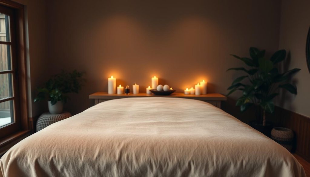 A serene and tranquil in-home massage setting, with a plush massage table positioned in a cozy, dimly lit room. Soft, warm lighting casts a calming glow, accentuating the natural textures of the wooden furniture and textiles. The table is draped with a luxurious, high-quality sheet, inviting the recipient to sink into a state of deep relaxation. Soothing aromatherapy candles flicker, infusing the air with calming scents. Lush, verdant potted plants adorn the space, adding a touch of natural beauty. The overall atmosphere exudes a sense of personalized, high-end pampering, creating the perfect environment for a rejuvenating, stress-relieving massage experience.
