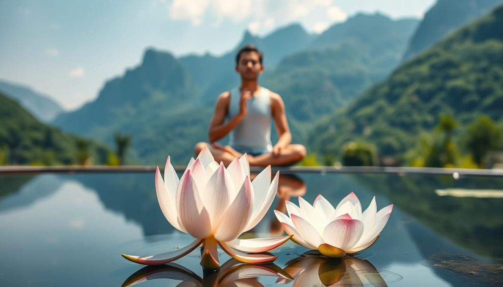 A serene and tranquil scene showcasing the practice of alternative nostril breathing. In the foreground, a delicate and intricate lotus flower rests on the surface of a still, mirrored pond, its petals gently unfurling. In the middle ground, a person sits in a cross-legged position, their eyes closed in deep meditation, the fingers of one hand gently pinching their nostrils, the other hand resting on their lap. The background is a lush, verdant landscape, with towering mountains and a clear, azure sky, bathed in soft, diffused lighting that creates a serene and calming atmosphere. The overall scene evokes a sense of inner peace, balance, and the harmony between the physical and the spiritual realms.