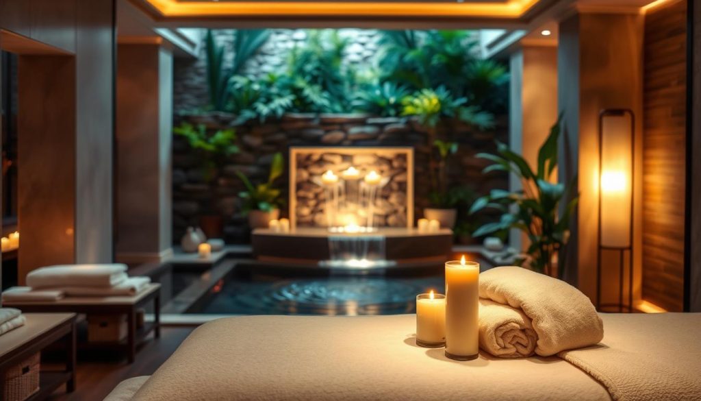 A serene and tranquil spa scene, with a soft, warm lighting casting a gentle glow over the luxurious interiors. In the foreground, a plush, inviting massage table is adorned with fluffy towels and aromatic candles, setting the stage for a rejuvenating experience. The middle ground features a soothing water feature, its calming sounds and gentle ripples adding to the relaxing ambiance. The background showcases elegant, natural elements like stone walls and lush greenery, creating a harmonious, nature-inspired setting. The overall atmosphere exudes a sense of wellness, relaxation, and indulgence, perfectly capturing the essence of the "Masaj ve Spa Hizmetlerinde Güncel Trendler" section.