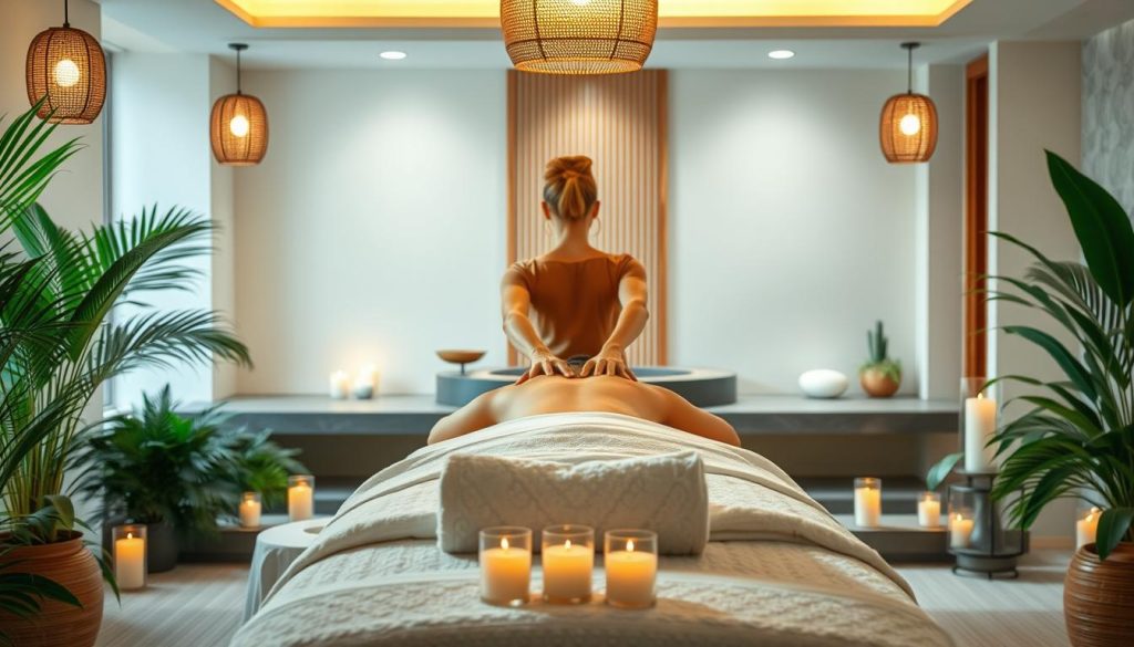 A serene and tranquil spa setting with a beautifully designed massage table in the foreground, surrounded by lush greenery and soft lighting from overhead fixtures. The table is adorned with plush towels and aromatherapy candles, creating a calming and rejuvenating atmosphere. In the middle ground, a masseuse's hands gently kneading the shoulders of a relaxed client, their movements flowing and graceful. The background features a minimalist, zen-inspired decor with natural wood accents and a soothing water feature, further enhancing the sense of relaxation and wellness.