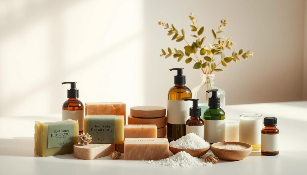 A serene arrangement of natural spa products, artfully displayed on a clean, minimalist surface. Soft, diffused lighting casts a warm, inviting glow, highlighting the organic textures and earthy tones of the items. In the foreground, an assortment of handcrafted soaps, oils, and bath salts in soothing hues of green, brown, and white. In the middle ground, a simple yet elegant vase filled with fragrant, leafy botanicals. The background features a plain, neutral backdrop, allowing the natural beauty of the products to take center stage. The overall composition conveys a sense of tranquility, wellness, and the restorative power of natural self-care.