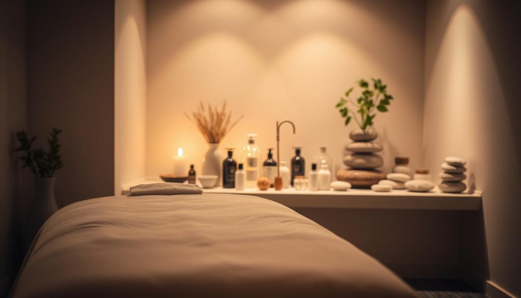 A serene, dimly lit Ataşehir massage studio, with soft, diffused lighting creating a calming ambiance. The foreground features a massage table draped in plush linens, its gentle curves inviting relaxation. In the middle ground, an array of soothing massage oils and tools, their organic shapes and earthy tones complementing the tranquil atmosphere. The background showcases a minimalist, zen-inspired decor, with natural elements like potted plants and smooth river stones, radiating a sense of balance and inner peace. The overall scene conveys a harmonious blend of physical and mental rejuvenation, capturing the essence of expert Ataşehir massage salon services.