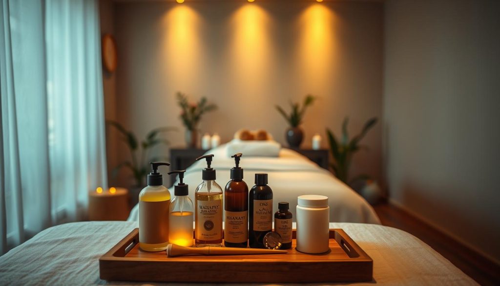 A serene, dimly lit massage studio with warm amber lighting and soft, diffused shadows. In the foreground, an assortment of massage oils, lotions, and tools arranged neatly on a wooden tray. In the middle ground, a padded massage table draped with clean, crisp linens. The background features muted, soothing wall textures and subtle plant life, creating a tranquil, rejuvenating atmosphere. The overall mood is one of calm, professionalism, and attentive care, reflecting the essential nature of the massage education process.