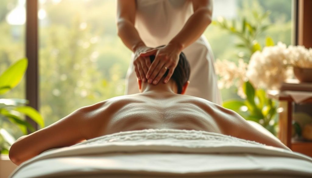 A serene, holistic massage scene in a tranquil setting. A skilled masseuse's hands gently kneading the neck and shoulders, releasing tension in the kas (muscular) and sinir (nervous) systems. Soft, natural lighting bathes the scene, creating a calming ambiance. The masseuse's movements are fluid and graceful, conveying a sense of professionalism and expertise. The massage table is positioned in the foreground, with soothing greenery and natural elements in the background, evoking a sense of harmony and balance. The overall atmosphere exudes a spa-like tranquility, inviting the viewer to experience the rejuvenating benefits of the metropol istanbul masaj.