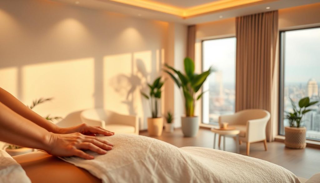A serene, luxurious massage studio with plush, calming decor. Soft, indirect lighting casts a warm glow, creating an atmosphere of tranquility. In the foreground, a professional masseuse's hands gently kneading and soothing tense muscles. Lush, verdant plants and minimalist, contemporary furniture adorn the middle ground, while the background features a large window overlooking a scenic city skyline. The overall scene evokes a sense of rejuvenation, relaxation, and a high-quality, professional massage experience. A serene, luxurious massage studio with plush, calming decor. Soft, indirect lighting casts a warm glow, creating an atmosphere of tranquility. In the foreground, a professional masseuse's hands gently kneading and soothing tense muscles. Lush, verdant plants and minimalist, contemporary furniture adorn the middle ground, while the background features a large window overlooking a scenic city skyline. The overall scene evokes a sense of rejuvenation, relaxation, and a high-quality, professional massage experience.