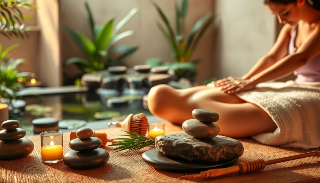 A serene massage studio, bathed in warm, soft lighting. The foreground features an array of massage tools - smooth river stones, bamboo brushes, and aromatic oils. In the middle ground, a tranquil water feature with cascading streams, surrounded by lush greenery. The background showcases the diverse techniques of the masseuse, captured in fluid, graceful motions - from long, gliding strokes to deep tissue kneading. The overall atmosphere evokes a sense of relaxation, rejuvenation, and a deep connection between the body and the mind.