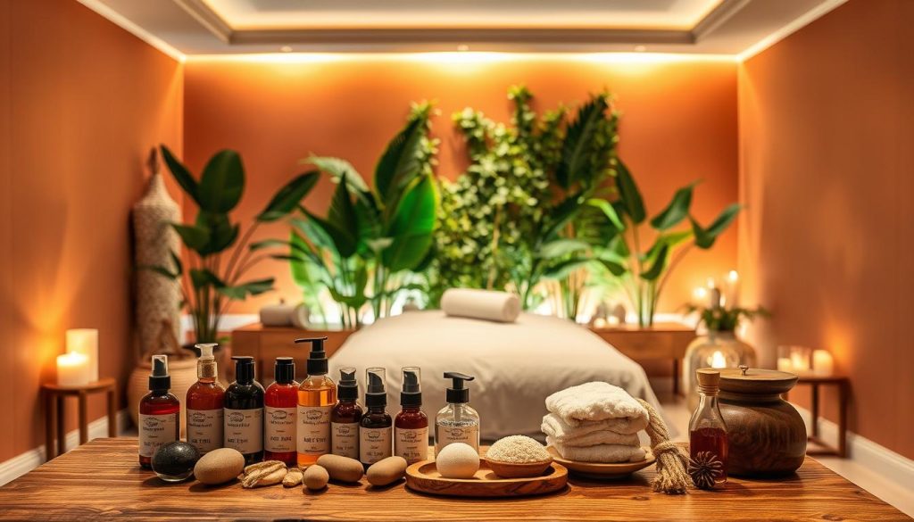 A serene massage studio in Istanbul, the walls adorned with warm, earthy tones. Soft lighting casts a calming glow, with candles flickering in the corners. In the foreground, an assortment of massage oils and tools are neatly arranged on a wooden table, their textures and colors inviting the senses. The middle ground features a plush massage table, its crisp linens and fluffy pillows promising a luxurious experience. In the background, lush greenery and subtle patterns create a tranquil, spa-like atmosphere, transporting the viewer to a place of pure relaxation. The overall mood is one of rejuvenation and mindfulness, capturing the essence of the diverse massage offerings available in Istanbul.