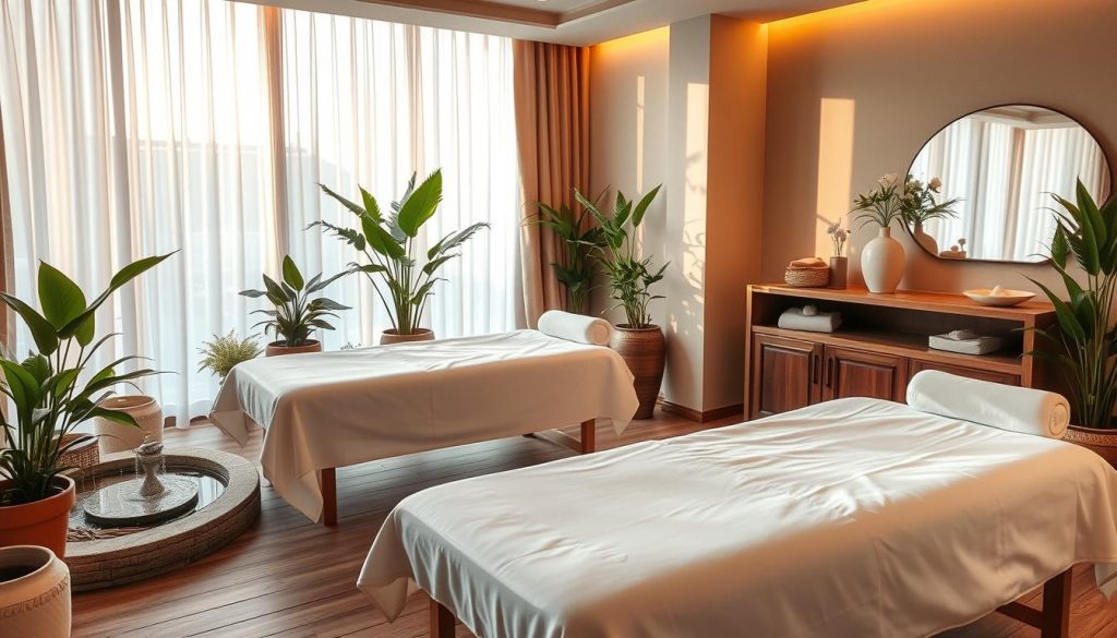 A serene massage studio in the heart of Istanbul, softly lit with warm natural light filtering through sheer curtains. Plush massage tables draped in crisp white linens await clients, surrounded by soothing potted plants and a tranquil water feature. Elegant wooden accents and muted earth-toned decor create a calming ambiance. The scene evokes a sense of relaxation and restoration, transporting the viewer to a haven of professional massage therapy services amidst the bustling city.