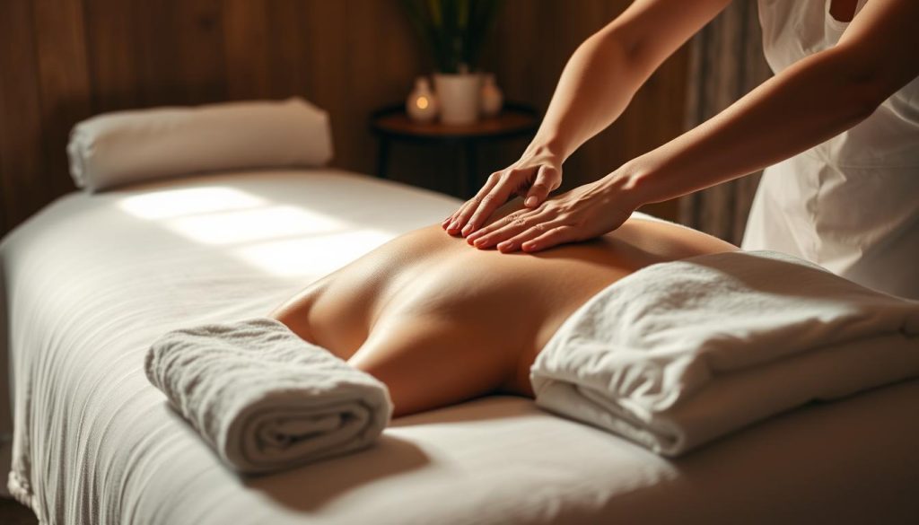 A serene massage therapy session in a warm, dimly lit room. The massage table is draped with crisp white linens, accented by soft, natural lighting from a nearby window. Plush pillows and folded towels await the client. The masseuse's hands, applying gentle, soothing strokes with aromatic massage oils, are the focal point, conveying a sense of relaxation and well-being. The overall atmosphere is one of tranquility, comfort, and attentive care.