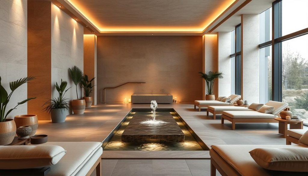 A serene, modern spa interior with a warm, inviting atmosphere. Soft, diffused lighting casts a cozy glow throughout the space, highlighting natural materials like smooth stone and light wood accents. A central water feature, perhaps a tranquil reflecting pool or cascading fountain, creates a soothing ambiance. Comfortable lounge chairs and plush cushions invite guests to relax and unwind. Potted plants and subtle textures add depth and visual interest to the minimalist, spa-like design. The overall mood is one of tranquility, rejuvenation, and a luxurious escape from the outside world. A serene, modern spa interior with a warm, inviting atmosphere. Soft, diffused lighting casts a cozy glow throughout the space, highlighting natural materials like smooth stone and light wood accents. A central water feature, perhaps a tranquil reflecting pool or cascading fountain, creates a soothing ambiance. Comfortable lounge chairs and plush cushions invite guests to relax and unwind. Potted plants and subtle textures add depth and visual interest to the minimalist, spa-like design. The overall mood is one of tranquility, rejuvenation, and a luxurious escape from the outside world.
