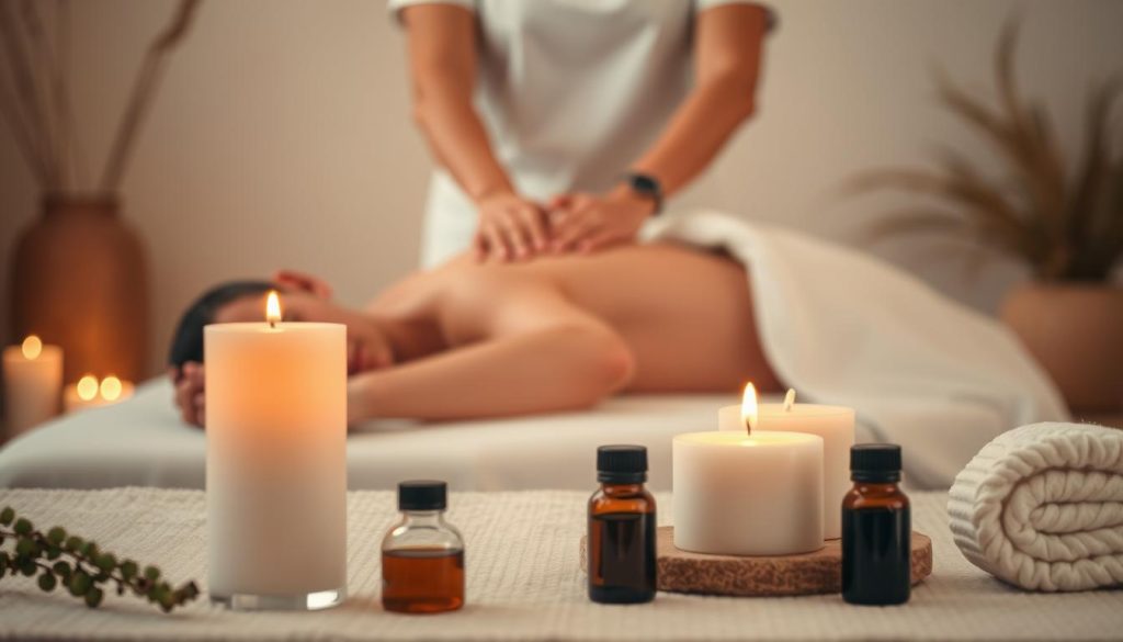 A serene scene of a tranquil massage therapy session unfolds. In the foreground, a delicate arrangement of essential oils and aromatic candles sets the mood. In the middle ground, a therapist's hands gently knead the muscles of a client lying on a plush massage table, bathed in soft, warm lighting. The background features a soothing, minimalist interior design with neutral tones and natural textures, creating a calming, spa-like atmosphere. The entire composition evokes a sense of relaxation, healing, and rejuvenation. A serene scene of a tranquil massage therapy session unfolds. In the foreground, a delicate arrangement of essential oils and aromatic candles sets the mood. In the middle ground, a therapist's hands gently knead the muscles of a client lying on a plush massage table, bathed in soft, warm lighting. The background features a soothing, minimalist interior design with neutral tones and natural textures, creating a calming, spa-like atmosphere. The entire composition evokes a sense of relaxation, healing, and rejuvenation.