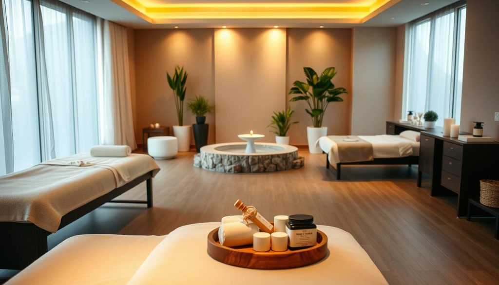 A serene spa setting in Florya, with various massage modalities on display. A tranquil, light-filled room with sleek, contemporary furniture and soft lighting. Plush massage tables in the foreground, surrounded by an array of essential oils, lotions, and other massage accoutrements. In the middle ground, a soothing water feature or potted plants create a calming ambiance. The background features warm, neutral-toned walls and minimal, tasteful decor, emphasizing the focus on relaxation and rejuvenation. The overall mood is one of luxurious pampering and well-being, inviting the viewer to immerse themselves in the Florya spa experience.
