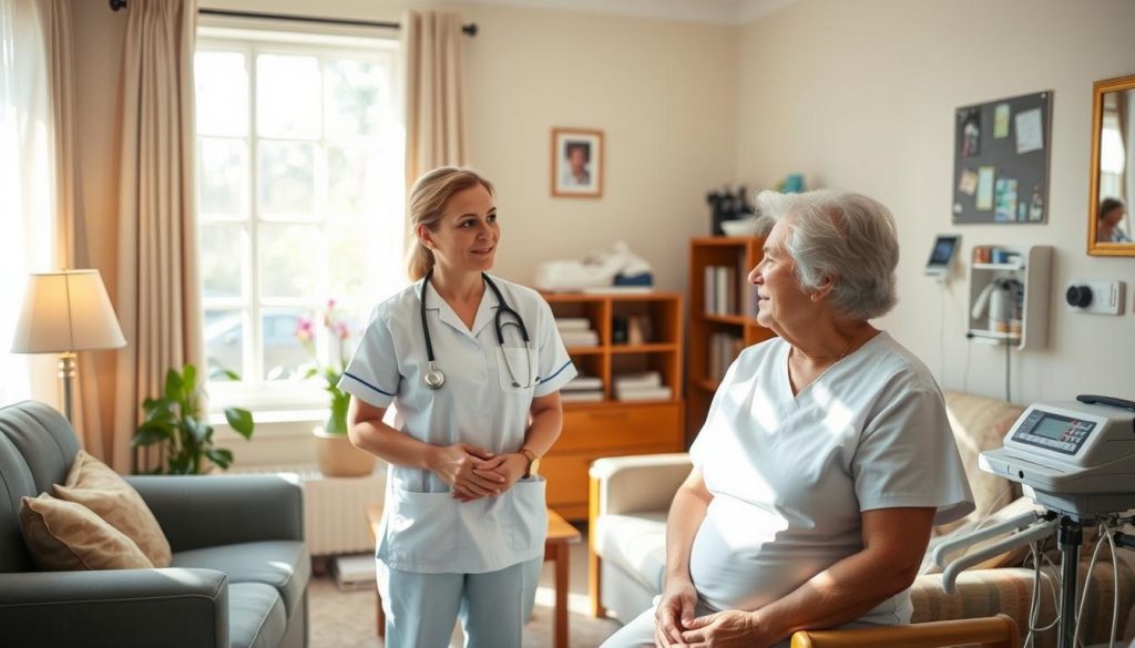 A serene, sun-dappled room with cozy furnishings and a warm, inviting atmosphere. A healthcare professional in a clean, crisp uniform stands beside a patient, engaged in a thoughtful conversation. The room is filled with medical equipment and supplies, yet maintains a sense of comfort and care. Soft, natural lighting highlights the attentive expressions on their faces, conveying the personalized attention and expertise of the home healthcare service. The overall scene suggests the advantages of receiving specialized, comfortable care in the familiar setting of one's own home. A serene, sun-dappled room with cozy furnishings and a warm, inviting atmosphere. A healthcare professional in a clean, crisp uniform stands beside a patient, engaged in a thoughtful conversation. The room is filled with medical equipment and supplies, yet maintains a sense of comfort and care. Soft, natural lighting highlights the attentive expressions on their faces, conveying the personalized attention and expertise of the home healthcare service. The overall scene suggests the advantages of receiving specialized, comfortable care in the familiar setting of one's own home.