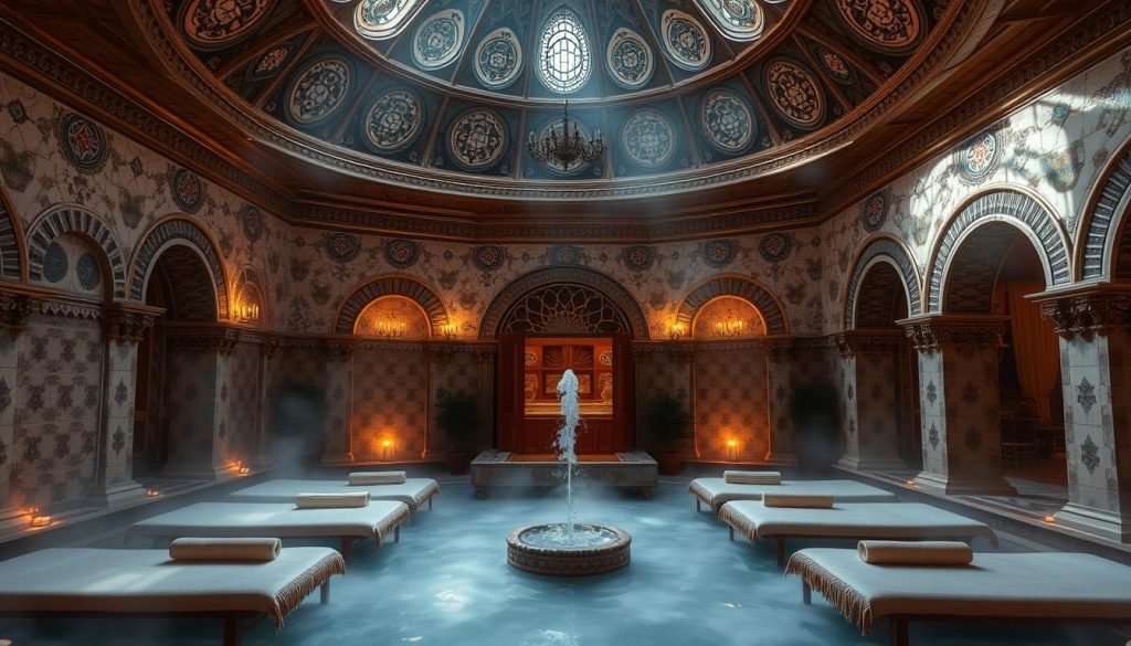 A traditional Turkish bath (hamam) interior with ornate domed ceilings, intricate tile patterns, and soft natural lighting. Plush, cushioned massage tables situated in a central, steamy relaxation area. Elegant wooden fixtures, decorative arches, and a serene, misty atmosphere evoke the luxurious ambiance of a historic Ottoman-era spa. Ornamental fountains, aromatic steam, and the warm, soothing tones of a Turkish massage therapist set the stage for a rejuvenating, holistic wellness experience. A traditional Turkish bath (hamam) interior with ornate domed ceilings, intricate tile patterns, and soft natural lighting. Plush, cushioned massage tables situated in a central, steamy relaxation area. Elegant wooden fixtures, decorative arches, and a serene, misty atmosphere evoke the luxurious ambiance of a historic Ottoman-era spa. Ornamental fountains, aromatic steam, and the warm, soothing tones of a Turkish massage therapist set the stage for a rejuvenating, holistic wellness experience.