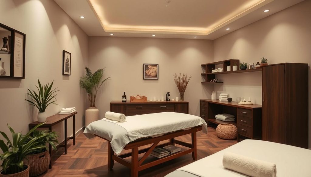 A tranquil and inviting massage therapy studio in Ataşehir, with soft lighting, natural textures, and soothing color palettes. The space exudes a sense of relaxation and professionalism, with carefully selected massage tables, linens, and therapeutic accents. The composition showcases the serene atmosphere, highlighting the attention to detail and the expertise of the masseuses, while maintaining a focus on the overall ambiance and experience.