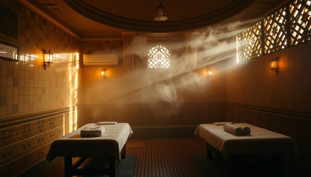 A tranquil, dimly lit Turkish bathhouse nestled in the heart of Avrupa Yakası, Istanbul. Ornate tile patterns adorn the walls, casting a warm, golden glow across the steamy interior. Plush massage tables stand ready, inviting weary patrons to indulge in the restorative powers of traditional massage techniques. Soft, diffused lighting filters through intricate latticework, creating an atmosphere of relaxation and rejuvenation. Wisps of fragrant steam drift through the air, mingling with the soothing scents of essential oils. This is a sanctuary of wellness, a haven where the stresses of the modern world melt away, leaving only a profound sense of tranquility and restoration.