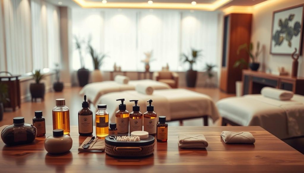 A tranquil massage parlor scene, bathed in warm, diffused lighting. In the foreground, an array of massage tools and oils, meticulously arranged on a sleek, wooden table. In the middle ground, a series of massage beds, each draped with crisp, white linens, inviting relaxation. The background features soothing, nature-inspired decor, such as potted plants and subtle, calming artwork. The overall atmosphere radiates a sense of serenity and professionalism, reflecting the expertise of the massage therapists. The image should convey the high-quality services and variety of massage techniques available at the Nişantaşı Masaj Salonu.