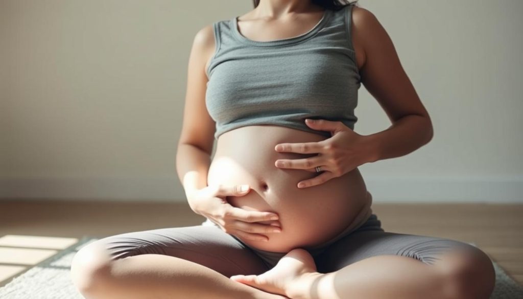A tranquil scene of a person practicing deep, diaphragmatic breathing. They are sitting comfortably, with their eyes closed and hands resting gently on their abdomen, as their belly rises and falls with each slow, mindful inhalation and exhalation. The lighting is soft and natural, casting a serene glow. The background is a peaceful, neutral setting, free of distractions, allowing the viewer to focus on the calming act of diaphragmatic breathing. The composition is balanced and centered, emphasizing the simplicity and importance of this restorative breathing technique.