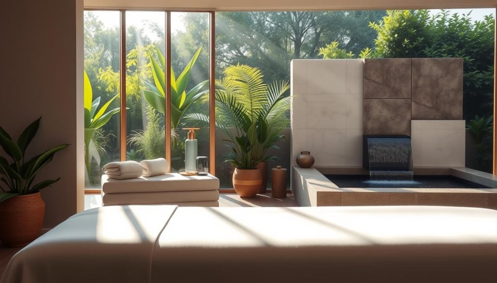 A tranquil spa retreat nestled in a lush, verdant landscape. Sunlight filters through large windows, casting a warm, soothing glow across the elegant, minimalist interior. Smooth, polished surfaces reflect the calming ambiance, while plush, inviting furnishings and natural materials create an atmosphere of pure relaxation. In the foreground, a luxurious massage table stands ready, its crisp, white linens beckoning for a rejuvenating treatment. Soothing aromas of essential oils fill the air, complemented by the gentle sound of cascading water from a contemporary water feature in the background. This serene, wellness-focused space promises a truly restorative experience. A tranquil spa retreat nestled in a lush, verdant landscape. Sunlight filters through large windows, casting a warm, soothing glow across the elegant, minimalist interior. Smooth, polished surfaces reflect the calming ambiance, while plush, inviting furnishings and natural materials create an atmosphere of pure relaxation. In the foreground, a luxurious massage table stands ready, its crisp, white linens beckoning for a rejuvenating treatment. Soothing aromas of essential oils fill the air, complemented by the gentle sound of cascading water from a contemporary water feature in the background. This serene, wellness-focused space promises a truly restorative experience.