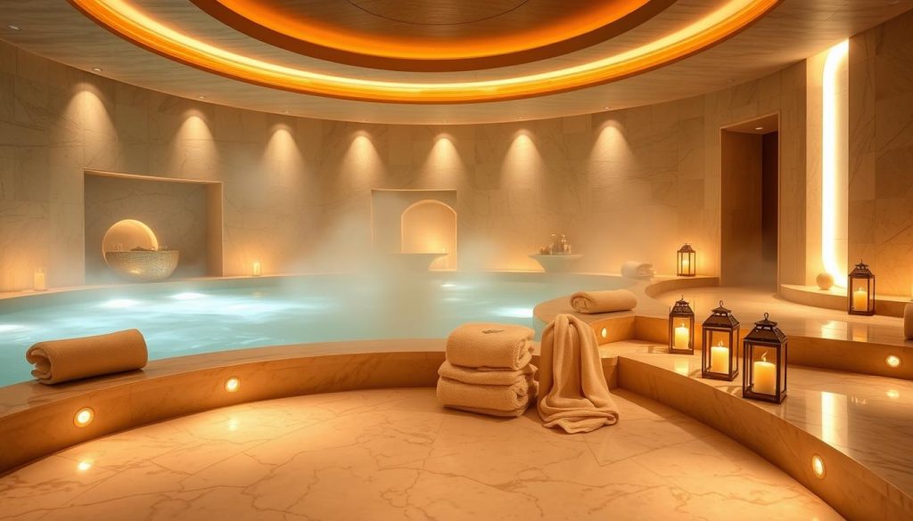 A tranquil spa sanctuary with the inviting warmth of a traditional Turkish hamam. A serene space filled with soft, diffused lighting and mist-like steam. Smooth, sculpted marble surfaces gleam, accented by the gentle glow of lanterns. Plush, luxurious towels and robes beckon for ultimate relaxation. Soothing aromas of fragrant oils and aromatic botanicals fill the air, creating a calming, rejuvenating atmosphere. A harmonious blend of modern comforts and timeless Turkish bathing traditions, inviting visitors to unwind and revitalize their senses.