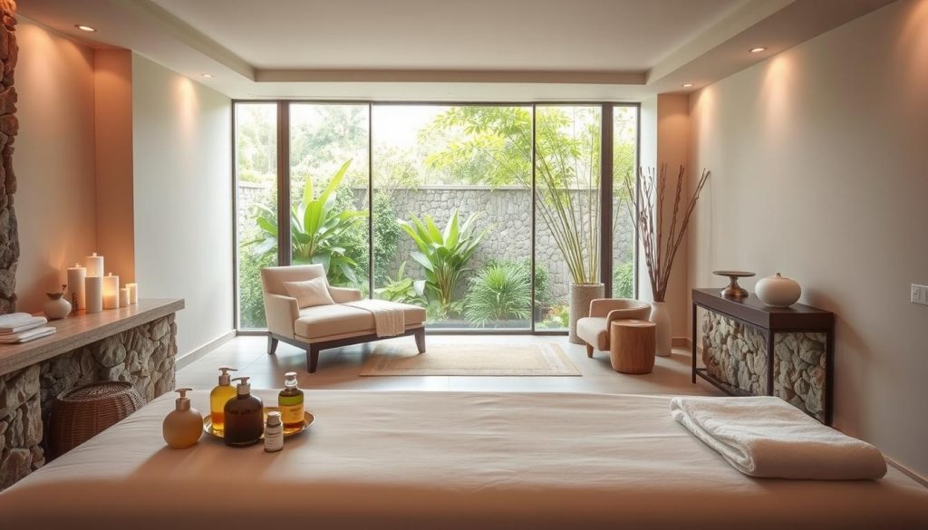 A tranquil spa scene with a focus on massage therapies. A spacious and serene treatment room with soft, diffused lighting and natural stone accents. In the foreground, a massage table with crisp, white linens and an array of therapeutic oils and lotions. In the middle ground, a luxurious chaise lounge and a cozy armchair, inviting guests to relax and unwind. The background features a large window overlooking a verdant garden, creating a sense of serenity and connection with nature. The overall atmosphere is one of calm, rejuvenation, and a holistic approach to well-being.