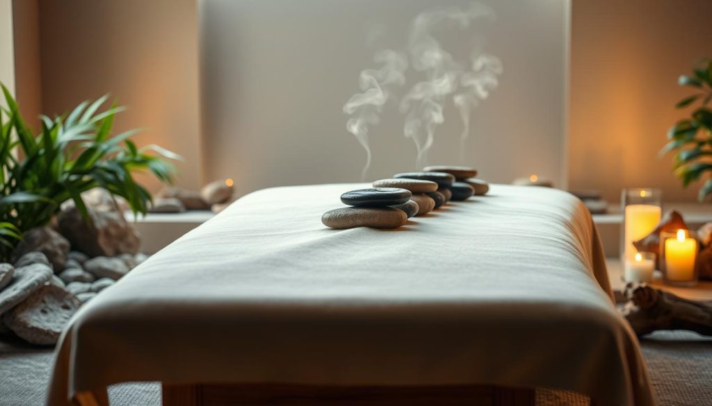 A tranquil spa scene with a smooth, polished stone massage table at the center. Soft, warm lighting emanates from the sides, casting a serene glow. Lush greenery and natural textures such as river rocks and driftwood surround the table, creating a soothing, organic ambiance. Wisps of steam rise from the heated stones placed strategically along the client's back, radiating a sense of deep relaxation. The composition emphasizes clean lines, muted colors, and a meditative atmosphere, perfectly capturing the essence of a restorative hot stone massage experience.