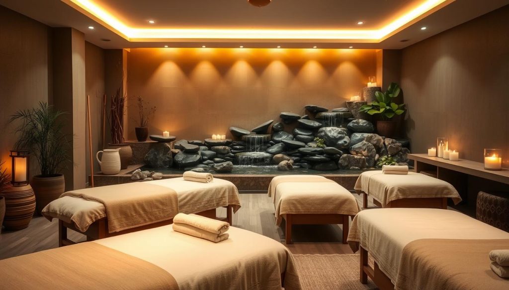 A tranquil spa setting with a variety of massage services on offer. Soft lighting illuminates the serene space, where plush massage tables are arranged in a harmonious layout. Soothing earth-toned decor and natural elements, such as potted plants and river stones, create a calming ambiance. In the background, a serene water feature gently cascades, its gentle sound complementing the relaxing atmosphere. Warm, diffused lighting casts a relaxing glow, while strategically placed candles add to the intimate, spa-like feel. The overall composition exudes a sense of peace, rejuvenation, and personalized wellness.