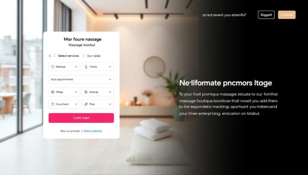 A vibrant and modern digital reservation interface for a boutique massage studio in Istanbul. The foreground features a sleek, minimalist design with clean lines and soft pastel hues, showcasing an intuitive booking system with clear options for selecting services, scheduling appointments, and confirming reservations. The middle ground depicts a serene, spa-like atmosphere with gentle lighting, natural textures, and soothing color palettes, hinting at the relaxing experience that awaits visitors. The background subtly suggests the urban setting of the studio, with architectural elements and a sense of modernity that complements the digital nature of the reservation process. The overall impression is one of sophistication, convenience, and a commitment to providing a premium massage experience in the heart of Istanbul. A vibrant and modern digital reservation interface for a boutique massage studio in Istanbul. The foreground features a sleek, minimalist design with clean lines and soft pastel hues, showcasing an intuitive booking system with clear options for selecting services, scheduling appointments, and confirming reservations. The middle ground depicts a serene, spa-like atmosphere with gentle lighting, natural textures, and soothing color palettes, hinting at the relaxing experience that awaits visitors. The background subtly suggests the urban setting of the studio, with architectural elements and a sense of modernity that complements the digital nature of the reservation process. The overall impression is one of sophistication, convenience, and a commitment to providing a premium massage experience in the heart of Istanbul.