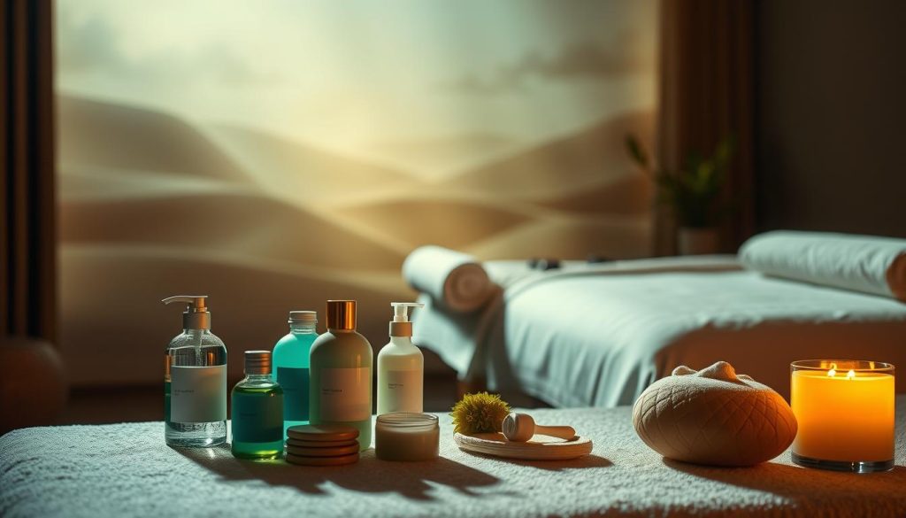 A vibrant, personalized massage experience with exclusive offers and discounts. A serene, dimly lit setting featuring soft, natural lighting casting a warm glow. In the foreground, an array of massage oils, lotions, and relaxation accessories in soothing shades of blues and greens. In the middle ground, a plush, inviting massage table draped with luxurious linens. The background showcases a calming, abstract landscape with gentle, organic shapes and neutral tones, creating a sense of tranquility and escape. The overall atmosphere evokes a spa-like ambiance, inviting the viewer to indulge in a truly personalized and rejuvenating massage experience.