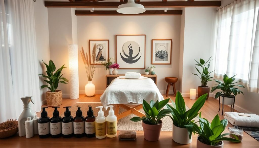 A well-lit, serene massage therapy studio with soft lighting, calming colors, and natural elements like potted plants. In the foreground, a neatly organized array of massage oils, lotions, and tools convey the therapist's attention to detail and professionalism. The middle ground features a high-quality massage table, freshly laundered linens, and carefully selected artworks that evoke a sense of tranquility. The background showcases a minimalist, zen-inspired decor with clean lines and a harmonious color palette, creating an atmosphere of relaxation and rejuvenation. The overall composition suggests an inviting, trustworthy, and expertly curated space for a personalized, high-quality massage experience. A well-lit, serene massage therapy studio with soft lighting, calming colors, and natural elements like potted plants. In the foreground, a neatly organized array of massage oils, lotions, and tools convey the therapist's attention to detail and professionalism. The middle ground features a high-quality massage table, freshly laundered linens, and carefully selected artworks that evoke a sense of tranquility. The background showcases a minimalist, zen-inspired decor with clean lines and a harmonious color palette, creating an atmosphere of relaxation and rejuvenation. The overall composition suggests an inviting, trustworthy, and expertly curated space for a personalized, high-quality massage experience.