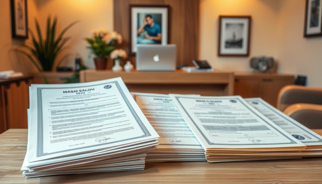 A well-organized and meticulously presented masaj salonu (massage parlor) with an array of official documents prominently displayed. The foreground showcases a stack of certificates, licenses, and permits, exuding a sense of professionalism and compliance. The middle ground features a neatly arranged desk, with a laptop and a few decorative elements, conveying a clean and tidy workspace. The background sets the scene with warm, diffused lighting, creating a serene and inviting atmosphere. The overall composition emphasizes the importance of proper documentation and regulations in the operation of a successful massage salon.