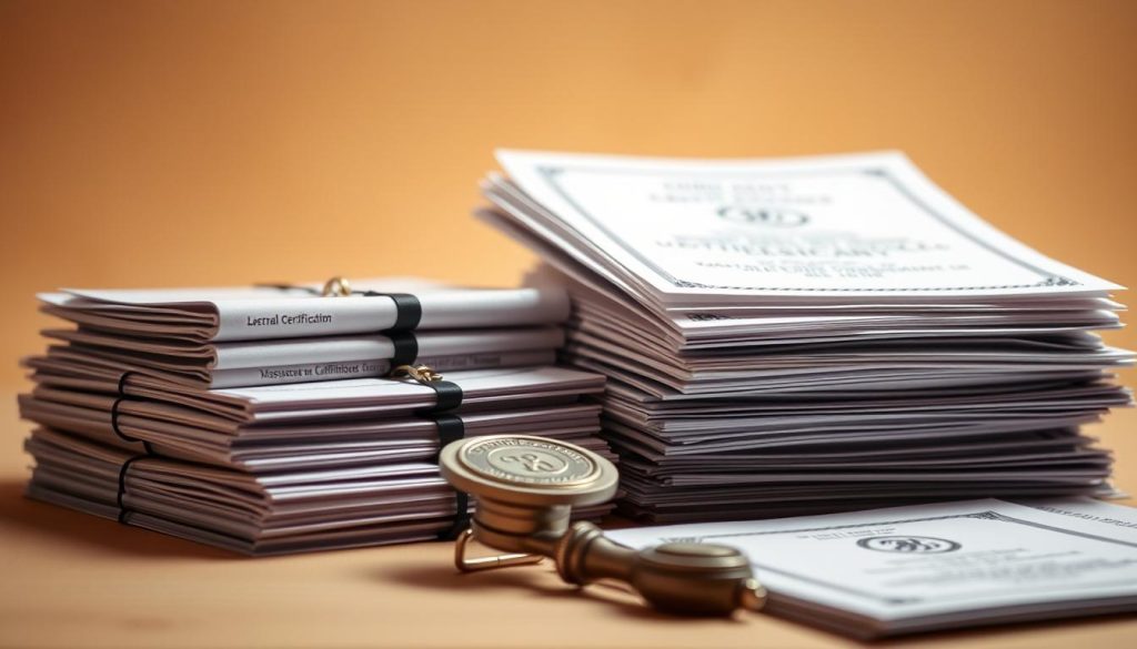 Detailed certificate process for massage therapists and masseuses. Elegant, minimalist composition featuring stacks of official-looking documents, seals, and stamps against a warm, neutral background. Soft, indirect lighting highlighting the textures and details of the papers. Depth of field creates a sense of focus on the central elements. Conveying the official, professional nature of the certification requirements and standards for these specialized healthcare roles. Detailed certificate process for massage therapists and masseuses. Elegant, minimalist composition featuring stacks of official-looking documents, seals, and stamps against a warm, neutral background. Soft, indirect lighting highlighting the textures and details of the papers. Depth of field creates a sense of focus on the central elements. Conveying the official, professional nature of the certification requirements and standards for these specialized healthcare roles.