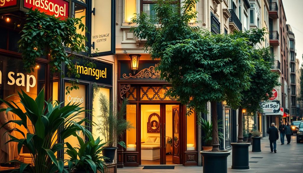 A bustling Istanbul street, with a row of upscale massage centers lining the sidewalk. Elegant signage and inviting storefront displays, bathed in warm, golden lighting. Lush, verdant plants and ornate architectural details create a soothing, spa-like ambiance. The center of the frame showcases the entrance to one of the more prominent establishments, its ornate facade and ornamental lanterns hinting at the luxurious treatments within. The background blurs slightly, focusing the viewer's attention on the alluring promise of tranquility and rejuvenation that these popular Istanbul massage destinations offer.
