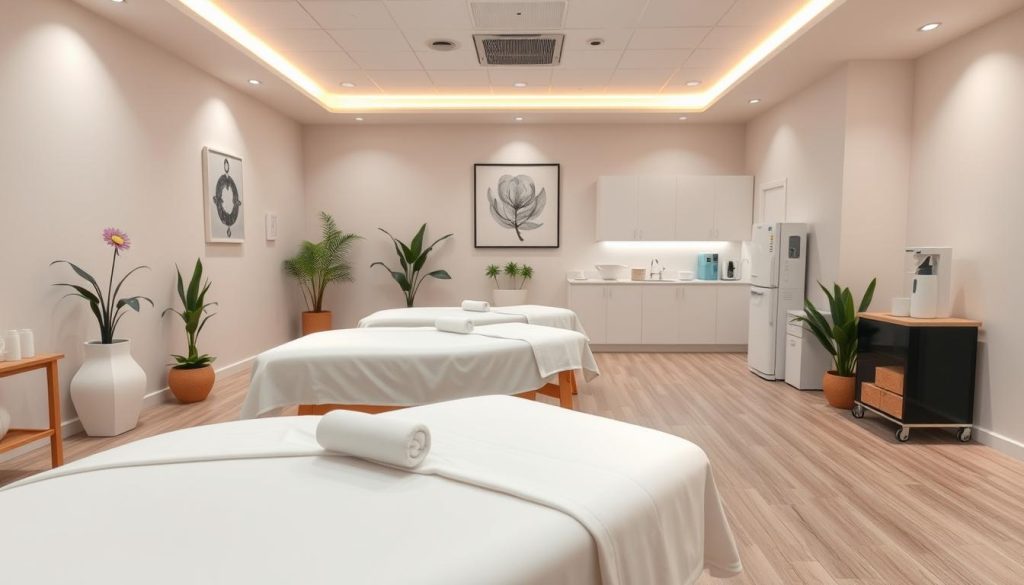 A clean, well-lit medical massage center with a minimalist, modern aesthetic. The foreground showcases pristine massage tables, freshly laundered linens, and neatly arranged massage oils and tools. The middle ground features soothing ambient lighting, calming wall art, and potted plants, creating a tranquil atmosphere. The background subtly hints at the center's hygienic practices, with glimpses of sterilization equipment, disinfectant dispensers, and a meticulous cleaning regimen. The overall scene conveys a sense of professionalism, attention to detail, and a commitment to providing a safe, hygienic environment for medical massage therapy.