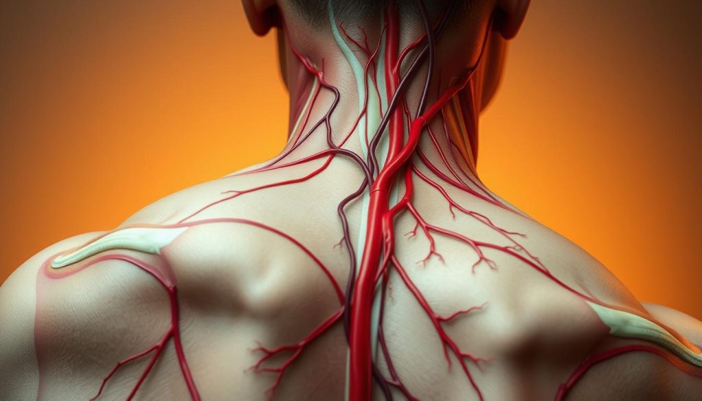A close-up illustration of the circulatory system and muscle tension in the upper back and neck area. Depicts the intricate network of blood vessels, capillaries, and underlying musculature. Rendered in a detailed, anatomical style with muted, earthy tones. Highlights the interplay between blood flow and muscle contraction, conveying the physiological effects of massage therapy. Backlighting casts a warm, soothing glow, creating a contemplative, therapeutic atmosphere. Captured from a slightly elevated angle to provide an immersive, educational perspective.