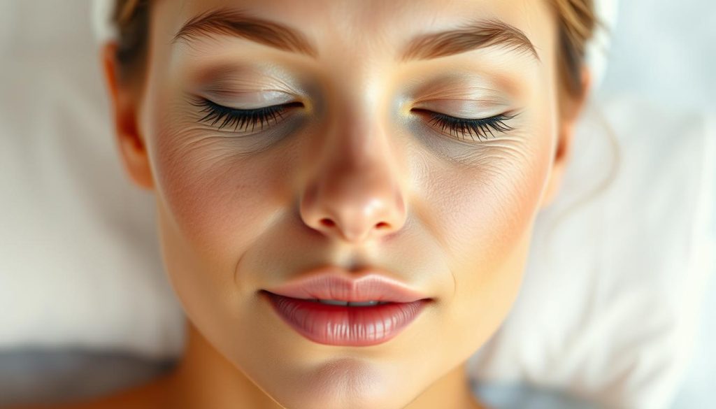 A close-up portrait of a serene, youthful-looking face with glowing, radiant skin. The subject is captured in soft, warm lighting, accentuating the smooth, even complexion and diminished fine lines. The focus is on the subject's relaxed expression, conveying a sense of tranquility and inner peace. The background is blurred, creating a dreamlike, ethereal atmosphere that emphasizes the subject's ageless beauty. The overall mood is one of natural, effortless elegance, reflecting the power of anti-aging massage techniques. A close-up portrait of a serene, youthful-looking face with glowing, radiant skin. The subject is captured in soft, warm lighting, accentuating the smooth, even complexion and diminished fine lines. The focus is on the subject's relaxed expression, conveying a sense of tranquility and inner peace. The background is blurred, creating a dreamlike, ethereal atmosphere that emphasizes the subject's ageless beauty. The overall mood is one of natural, effortless elegance, reflecting the power of anti-aging massage techniques.