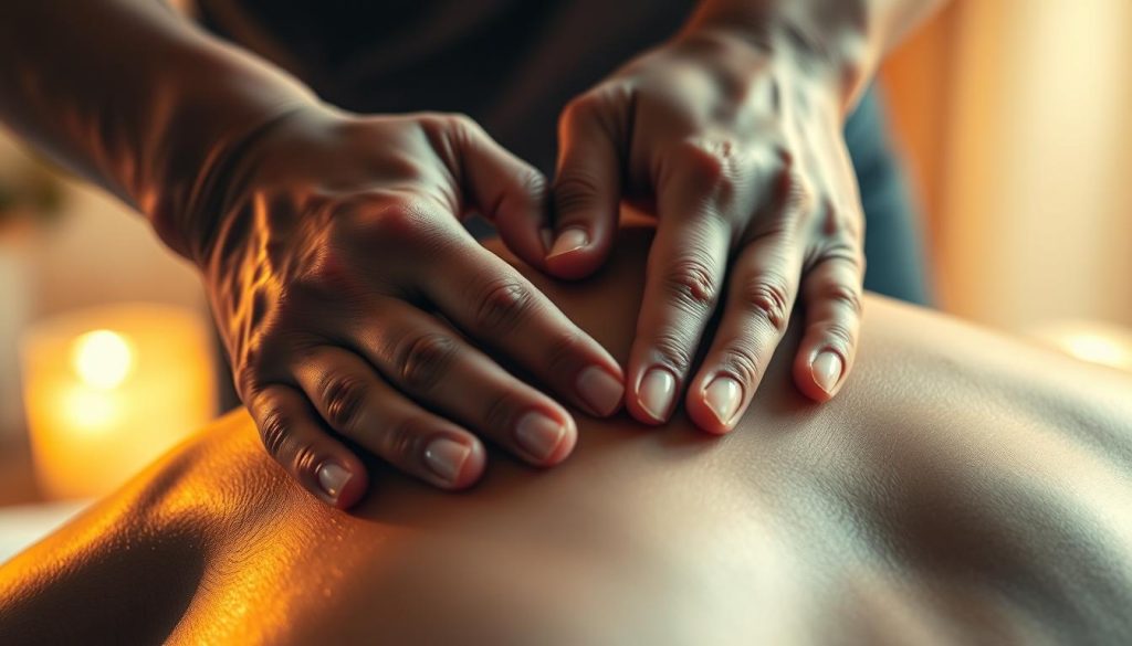 A close-up view of a pair of skilled hands performing a deep tissue massage on a muscle group, such as the shoulder or back. The scene is bathed in warm, diffused lighting, creating a soothing and calming atmosphere. The hands work meticulously, applying gentle yet firm pressure to alleviate tension and discomfort. The background is blurred, keeping the focus on the massage therapy. The image conveys a sense of relief, relaxation, and the therapeutic benefits of massage for managing various types of pain and discomfort.