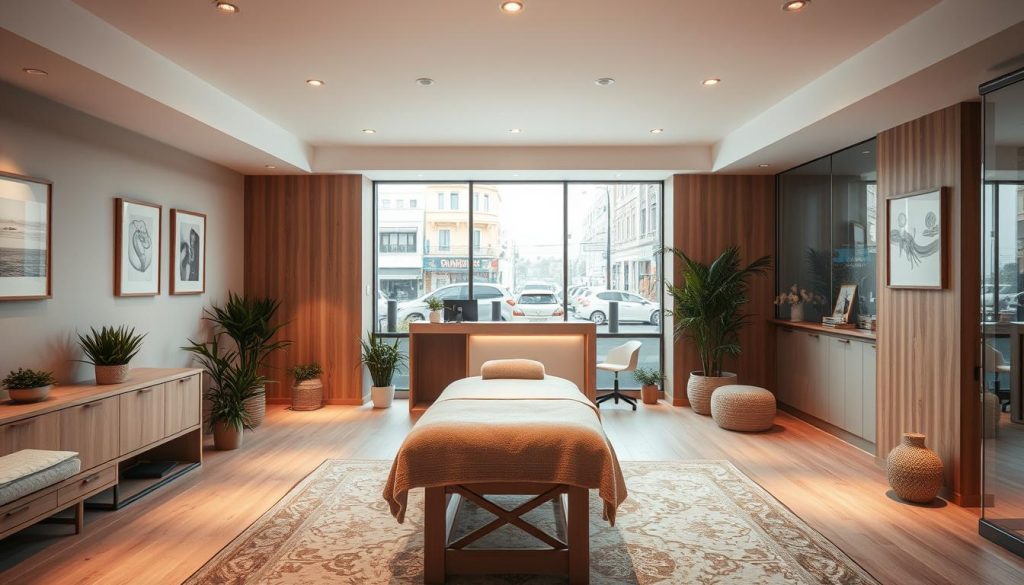 A cozy and inviting interior of a modern massage salon in Sefaköy, Istanbul. Soft, diffused lighting creates a soothing ambiance, with warm wood tones and plush, neutral-colored fabrics throughout. Minimalist decor and clean lines give the space a tranquil, spa-like atmosphere. In the foreground, a massage table sits invitingly, surrounded by potted plants and subtle artwork on the walls. The middle ground features a reception desk and seating area, while the background showcases large windows overlooking the bustling city streets outside, providing a calming contrast. An overall sense of relaxation and rejuvenation permeates the scene.