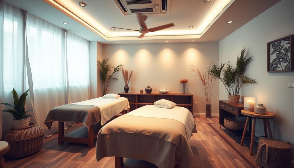 A cozy and inviting interior of a modern massage salon in Ümraniye, Istanbul. Soft lighting illuminates the serene atmosphere, with plush massage tables and tranquil decorative elements. Soothing colors and natural textures create a calming ambiance, conveying a sense of relaxation and rejuvenation. The space is stylishly designed, with tasteful accents and minimalist furnishings that enhance the overall therapeutic experience. The focus is on providing a high-quality, affordable massage service in a comfortable and welcoming setting.