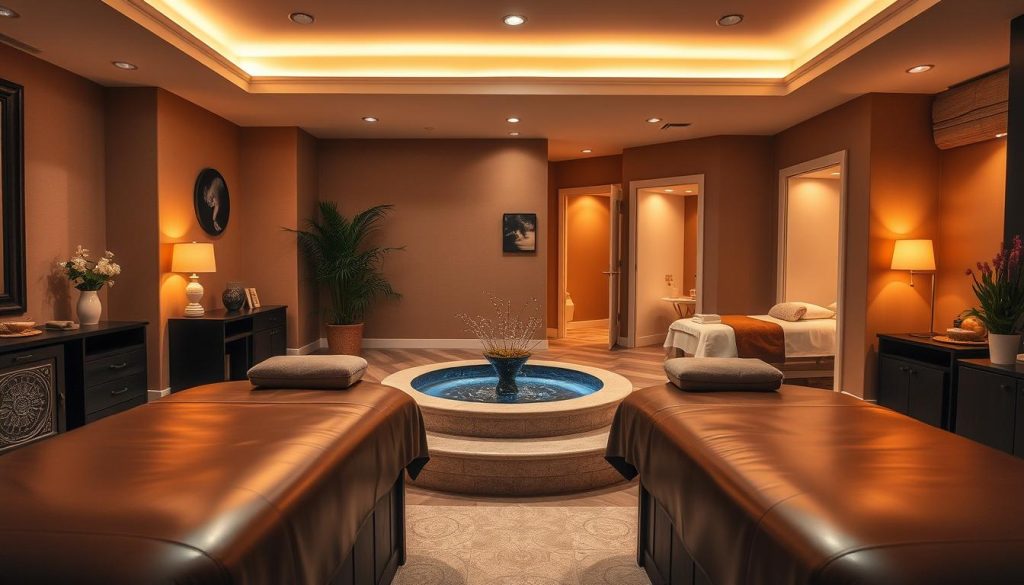 A cozy and inviting massage salon interior, with warm lighting casting a soft glow. Plush leather massage tables occupy the foreground, surrounded by soothing decor and elegant accents. The middle ground features a tranquil water feature, its gentle sounds creating a calming ambiance. In the background, a row of tranquil treatment rooms, their doors slightly ajar, beckoning guests to indulge in the ultimate relaxation experience. The overall atmosphere exudes a sense of luxury and serenity, reflecting the high-quality services and attention to detail that would lead to positive customer reviews. A cozy and inviting massage salon interior, with warm lighting casting a soft glow. Plush leather massage tables occupy the foreground, surrounded by soothing decor and elegant accents. The middle ground features a tranquil water feature, its gentle sounds creating a calming ambiance. In the background, a row of tranquil treatment rooms, their doors slightly ajar, beckoning guests to indulge in the ultimate relaxation experience. The overall atmosphere exudes a sense of luxury and serenity, reflecting the high-quality services and attention to detail that would lead to positive customer reviews.