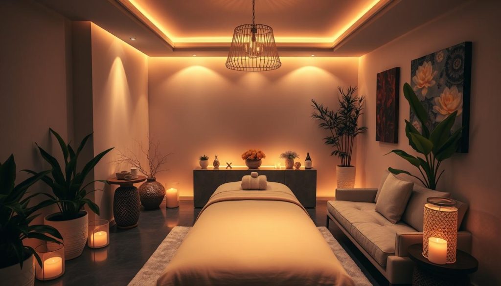 A cozy, dimly lit massage parlor interior with plush, luxurious furnishings and warm, inviting ambiance. Soft, diffused lighting casts a gentle glow, creating an atmosphere of relaxation and rejuvenation. Lush, potted plants and subtle, natural textures adorn the space, adding to the serene, spa-like aesthetic. The focal point is a centrally positioned massage table, surrounded by soothing accents and decorative elements that evoke a sense of tranquility and well-being. The overall composition conveys a welcoming, high-end massage experience tailored to the discerning tastes of the local Istanbul clientele.