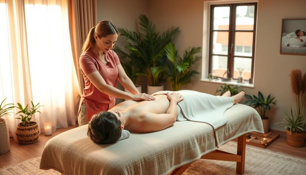 A cozy home interior with warm lighting, featuring a tranquil scene of a female massage therapist administering a relaxing, full-body massage on a client lying on a plush massage table. The therapist's hands gently knead the client's muscles, creating a sense of soothing comfort and rejuvenation. The room is adorned with calming, earthy tones, potted plants, and soothing ambient music playing softly in the background, conveying a serene, spa-like atmosphere. The composition emphasizes the therapist's skilled techniques and the client's peaceful state of relaxation, capturing the essence of an at-home massage experience in Istanbul's Anatolian side. A cozy home interior with warm lighting, featuring a tranquil scene of a female massage therapist administering a relaxing, full-body massage on a client lying on a plush massage table. The therapist's hands gently knead the client's muscles, creating a sense of soothing comfort and rejuvenation. The room is adorned with calming, earthy tones, potted plants, and soothing ambient music playing softly in the background, conveying a serene, spa-like atmosphere. The composition emphasizes the therapist's skilled techniques and the client's peaceful state of relaxation, capturing the essence of an at-home massage experience in Istanbul's Anatolian side.