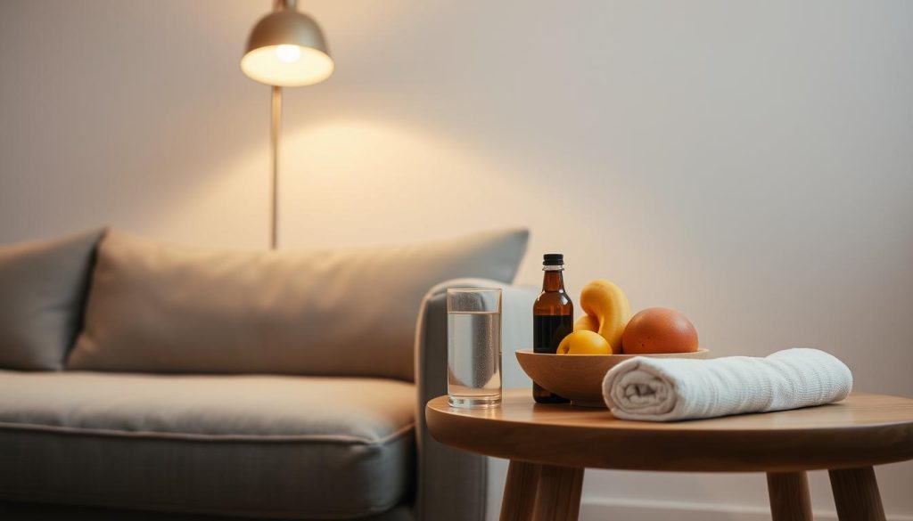 A cozy, minimalist living room with a plush, gray sofa and a wooden side table. Soft, warm lighting from a floor lamp creates a serene, inviting atmosphere. On the table, a glass of water and a bowl of fresh fruit sit alongside a massage oil bottle and a rolled-up towel, hinting at the luxury of an in-home massage experience. The room's neutral tones and clean lines evoke a sense of tranquility and relaxation, perfectly capturing the essence of "İstanbul evde masaj".