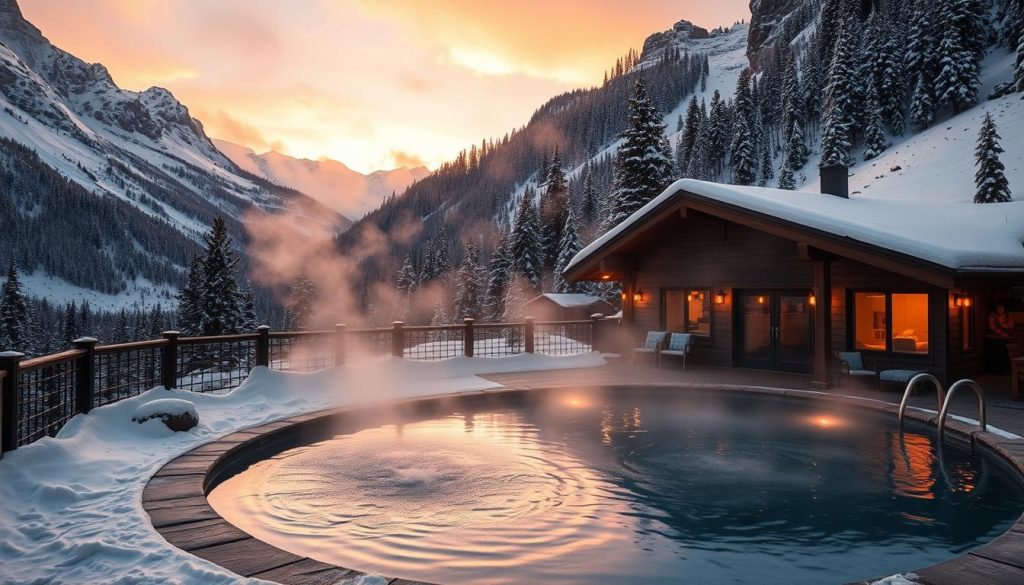A cozy winter retreat nestled in a tranquil snowy landscape, where steam gently rises from a serene thermal pool, surrounded by towering mountains and lush evergreen forests. The warm, amber lighting casts a soothing glow, creating an atmosphere of deep relaxation. Soft, diffused shadows dance across the water's surface, inviting visitors to sink into the therapeutic waters and find solace from the chill of the season. The scene exudes a sense of balance, harmony, and the rejuvenating power of nature's elements.