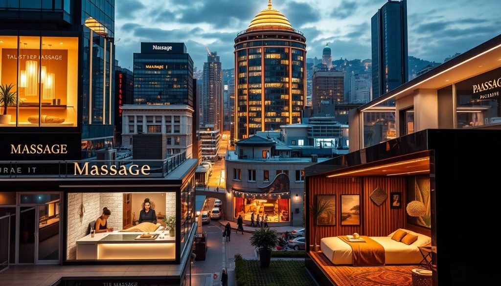 A detailed analysis of massage prices in Istanbul, showcasing a vibrant cityscape with various massage establishments. The image should depict a modern, high-end urban setting, with luxurious massage parlors and spas prominently featured. Capture the serene atmosphere of a massage session, with soft lighting, plush furnishings, and a sense of tranquility. Incorporate elements that convey the sophistication and quality of the massage services, such as elegant decor, professional masseuses, and satisfied clients. The overall composition should balance the technical details of the massage industry with an inviting, visually appealing aesthetic that reflects the article's subject and section title.