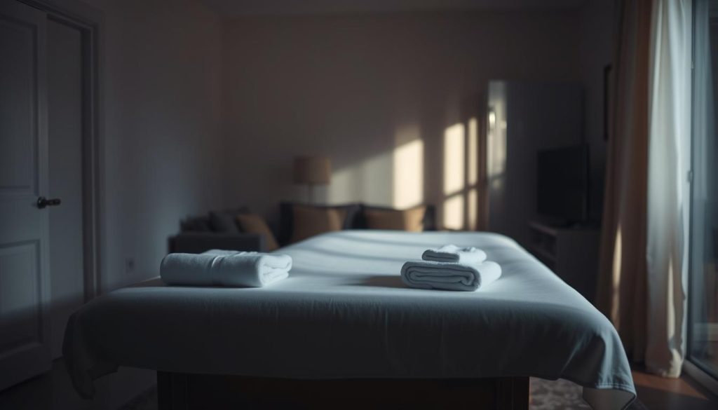 A dimly lit bedroom interior, with soft, warm lighting casting shadows across the room. In the foreground, a massage table stands prominently, its clean white sheets and folded towels suggesting a tranquil setting. The background features a vague outline of furniture, creating a sense of depth and privacy. The atmosphere is one of relaxation and safety, with a focus on the essential elements of a home massage experience, conveying the potential risks and challenges of receiving such services outside of a professional, regulated environment. A dimly lit bedroom interior, with soft, warm lighting casting shadows across the room. In the foreground, a massage table stands prominently, its clean white sheets and folded towels suggesting a tranquil setting. The background features a vague outline of furniture, creating a sense of depth and privacy. The atmosphere is one of relaxation and safety, with a focus on the essential elements of a home massage experience, conveying the potential risks and challenges of receiving such services outside of a professional, regulated environment.