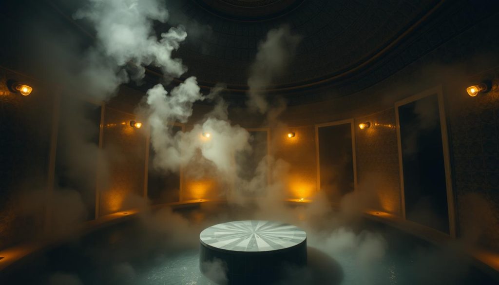 A dimly lit, cavernous interior of a traditional Turkish bath, or "hamam". The space is characterized by intricate tiled walls, domed ceilings, and a central heated marble platform, or "göbek taşı". Steam billows around the room, creating an atmospheric, almost mystical ambiance. Soft, warm lighting filters through the steam, casting a golden glow. The scene evokes a sense of timeless, centuries-old tradition, a tranquil respite from the bustling modern world. The overall mood is one of relaxation, rejuvenation, and cultural immersion.